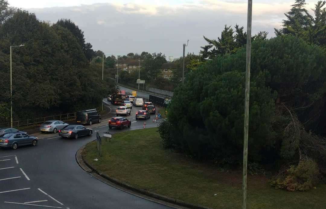 Traffic building at the St Peter's roundabout in Canterbury after a crash and oil spillage. Picture: Sadia Hasan
