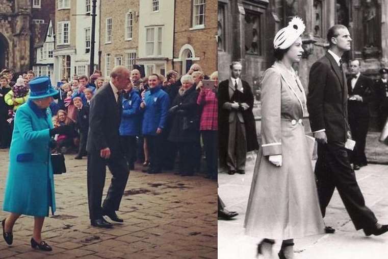 The Queen and Duke of Edinburgh at the Cathedral today, and in 1949