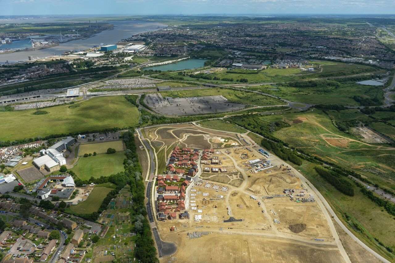 The first phase of the Castle Hill development being built in Ebbsfleet, with Northfleet and Gravesend in the distance
