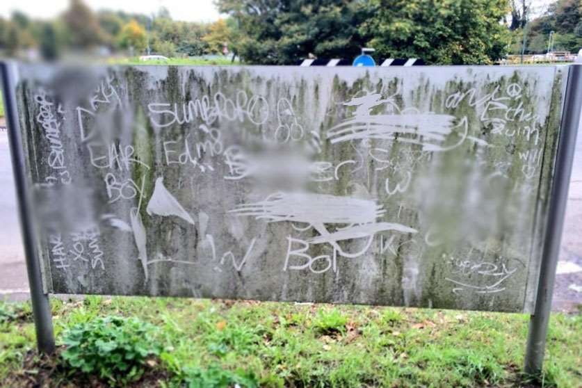 Obscenities scrawled on the back of the Coldharbour police station sign