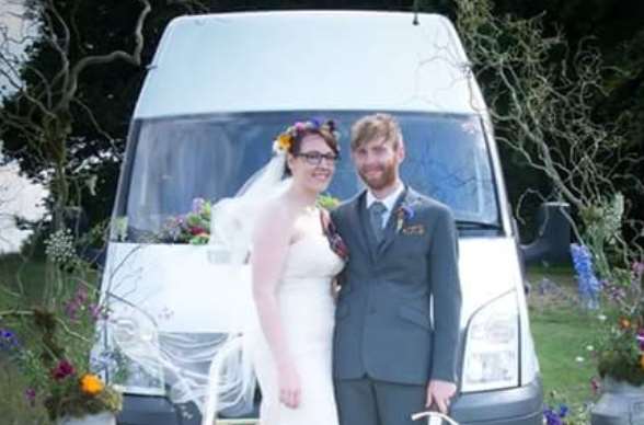 Jay and Abigail with their beloved van on their wedding day