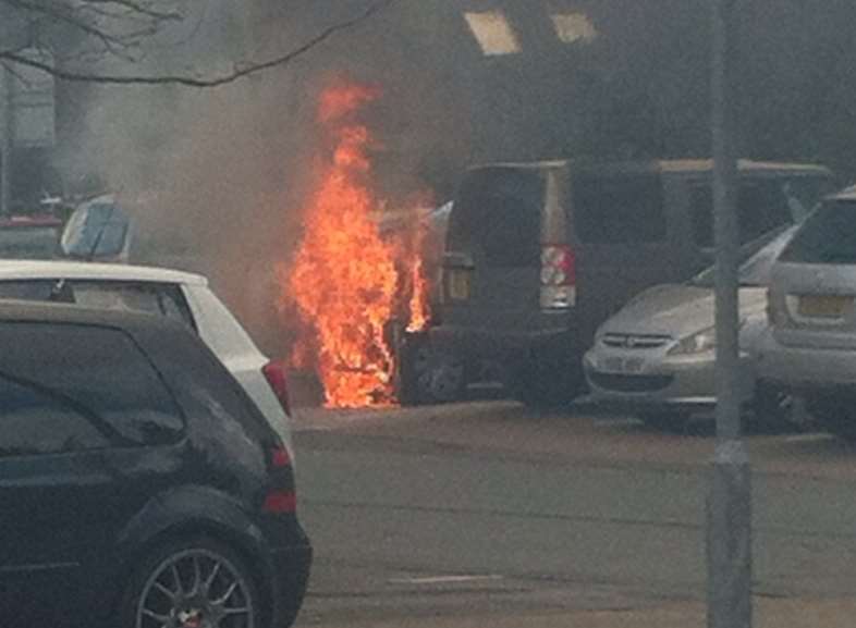 The car alight in Bligh's Meadow car park. Picture: Avenue Printing