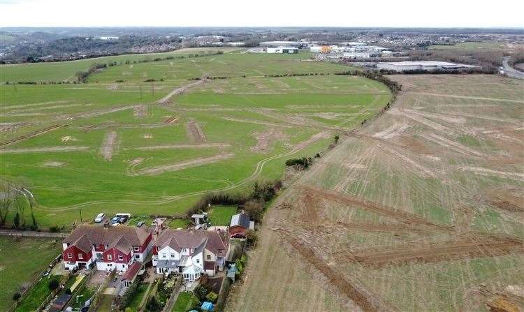 Aerial view of fields close to the village of Guston near Dover, Kent, where the Department of Transport has purchased the White Cliffs site with plans to turn it into an inland border facility and lorry park for 1,200 trucks (Gareth Fuller/PA Wire) (57377978)