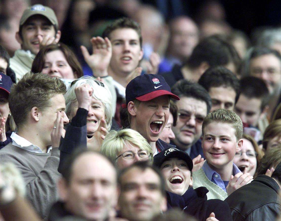 Prince Harry (centre) with Guy Pelly during a Six Nations match in 2002. Picture: Daily Mail.