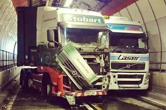 Two of the four HGVs which crashed inside Dartford Tunnel Picture: Chris Reeve
