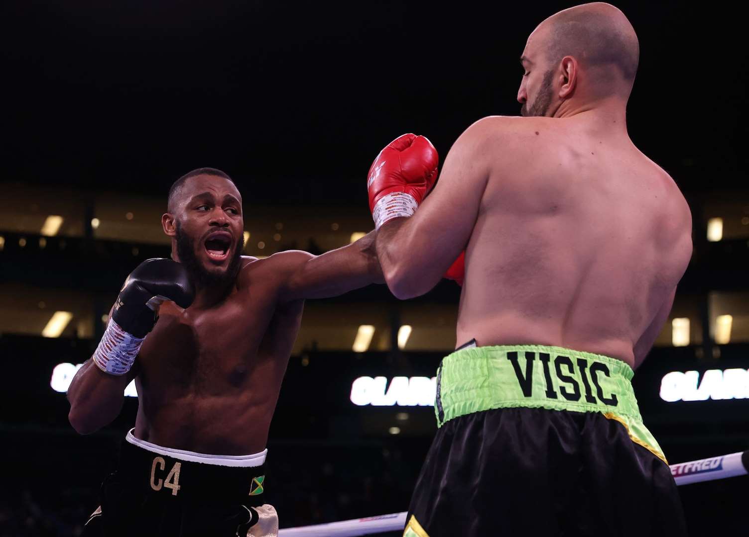 Gravesend's Cheavon Clarke in full flow against Toni Visic. Picture: Mark Robinson/Matchroom Boxing