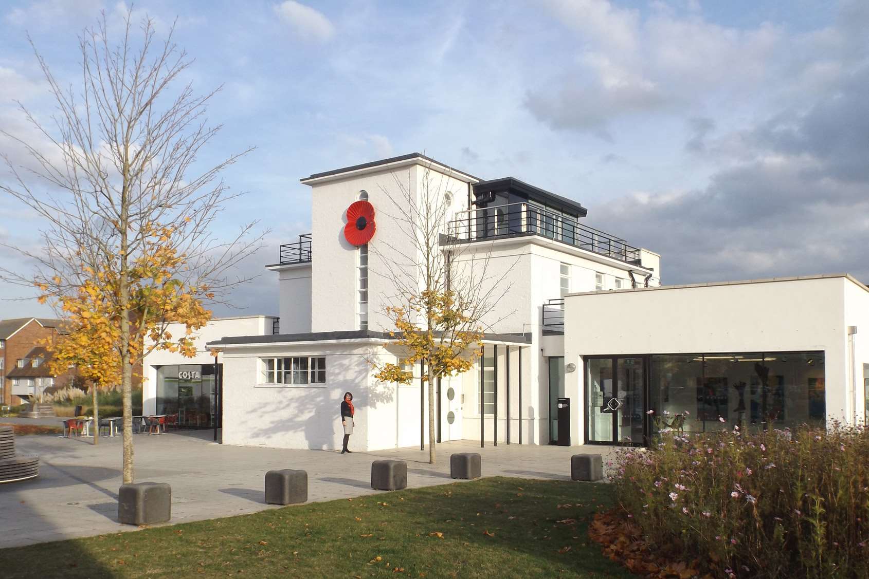 A giant poppy has been put on the side of the Control Tower at Kings Hill