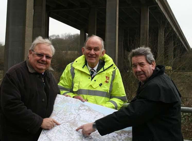 Leader of Swale council Cllr Andrew Bowles, Kent County Council cabinet member for transport Cllr David Brazier, and MP Gordon Henderson discuss plans for Stockbury roundabout