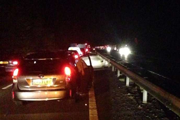 Queues on the A2 at Bridge after three cyclists were knocked down. Picture: @MrMcTheatre