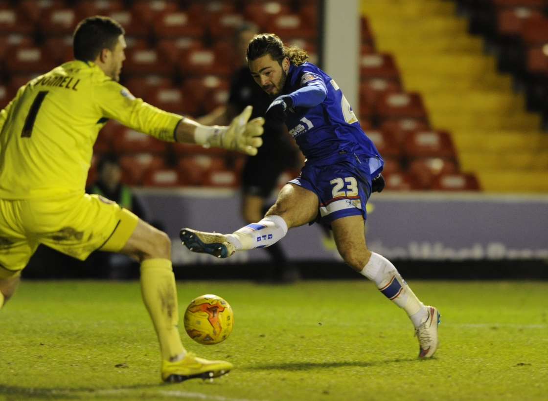 Bradley Dack opens the scoring for Gills against Walsall Picture: Barry Goodwin