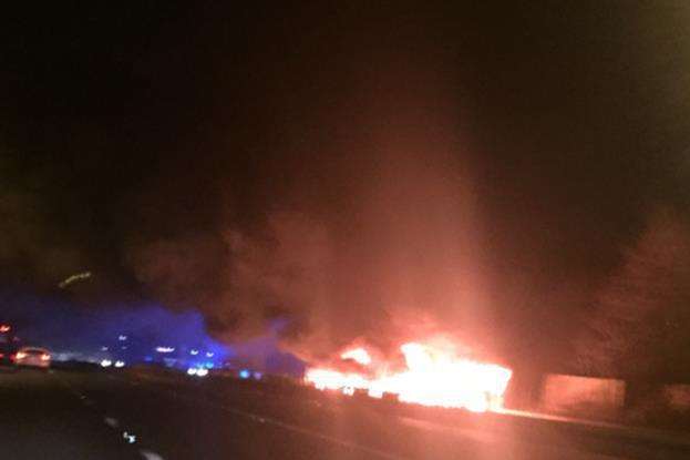 A man died when he was trapped in his van after a fire broke out following a crash on the M20