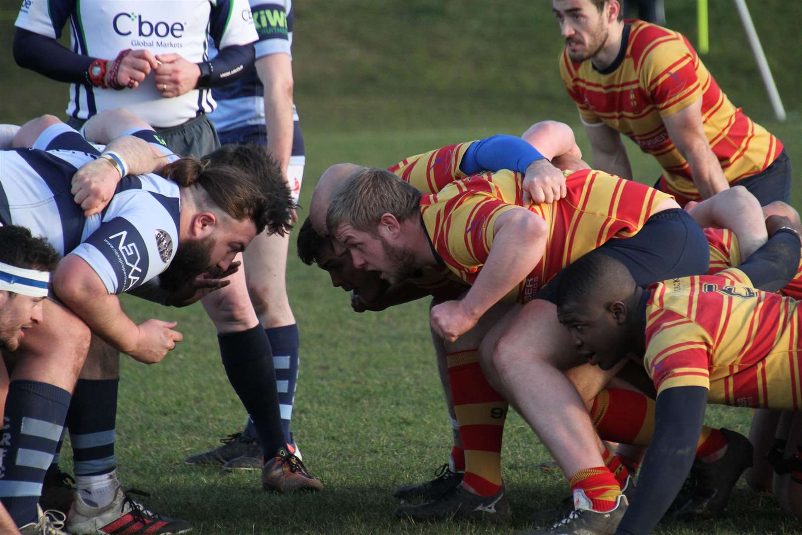 The teams gear up for a scrum as Medway take on Chichester. Picture: Paul Wardzynski