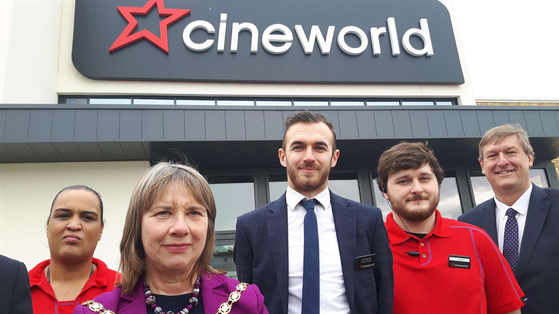 Dover District Council leader and chairman Keith Morris and Sue Chandler with staff on the day Cineworld opened at St James'