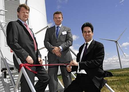 Ed Miliband (right) with Hans Bunting and Kevin McCullough from RWE Innogy at the official opening of Little Cheyne Court Wind Farm. Picture: Gary Browne