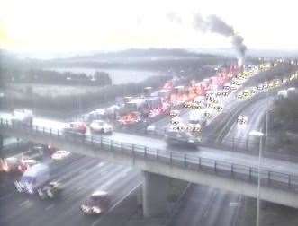 The lorry on fire on the M25 near Junction 2 for the A2. Picture: National Highways
