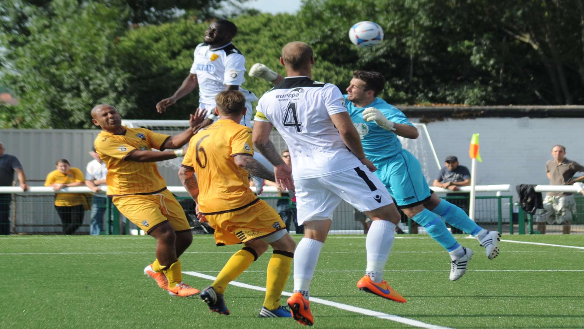 Alex Akrofi heads Maidstone's second at Sutton on the opening day of the season Picture: Steve Terrell