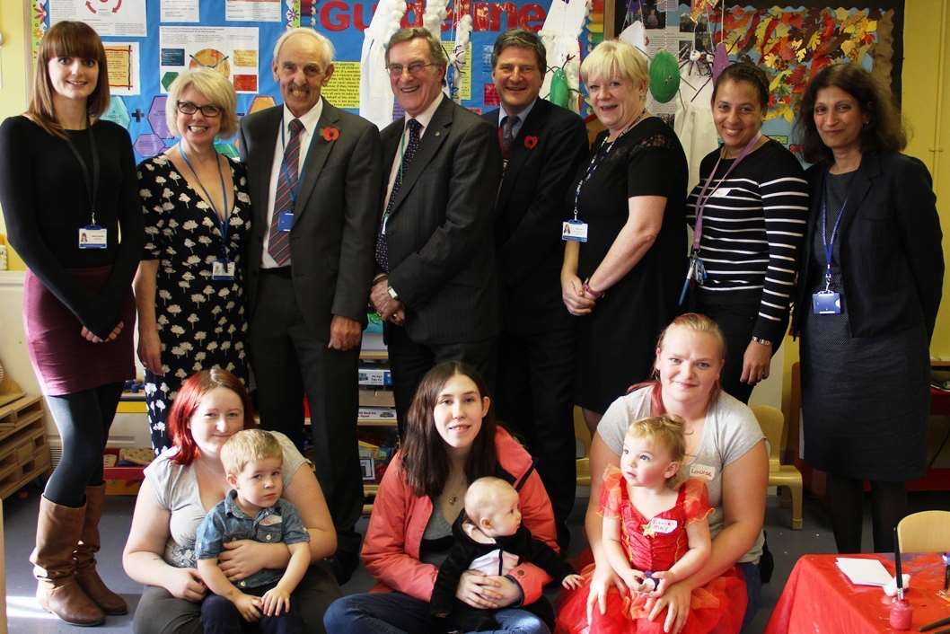 (L-R) Ken Rogers, Cllr ken Pugh and High Sheriff of Kent Hugo Fenwick with members of the Family Nurse Partnership. Front row: Emma and son Noah, Jamie and daughter Madeline, Louise and daughter Ellie-May