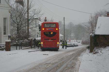 Bus stuck on the pavement on Derringstone Hill in Barham