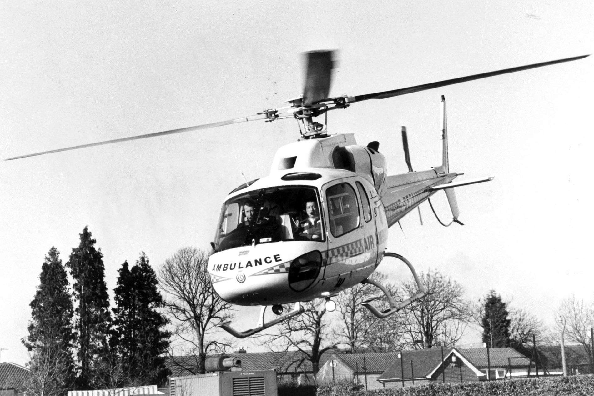 Kent air ambulance flies into action at the press launch at Great Danes Hollingbourne in March 1990. Picture: Barry Hollis.