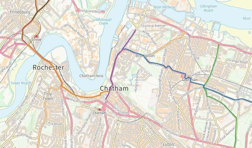 Some of the suggested cycle routes around Chatham, Rochester and Strood