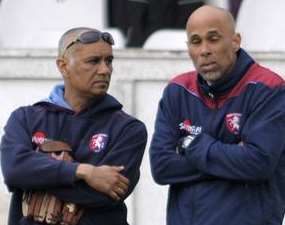 Kent coach Jimmy Adams and coaching staff like Min Patel (left) are plotting a path to promotion. Picture: Barry Goodwin