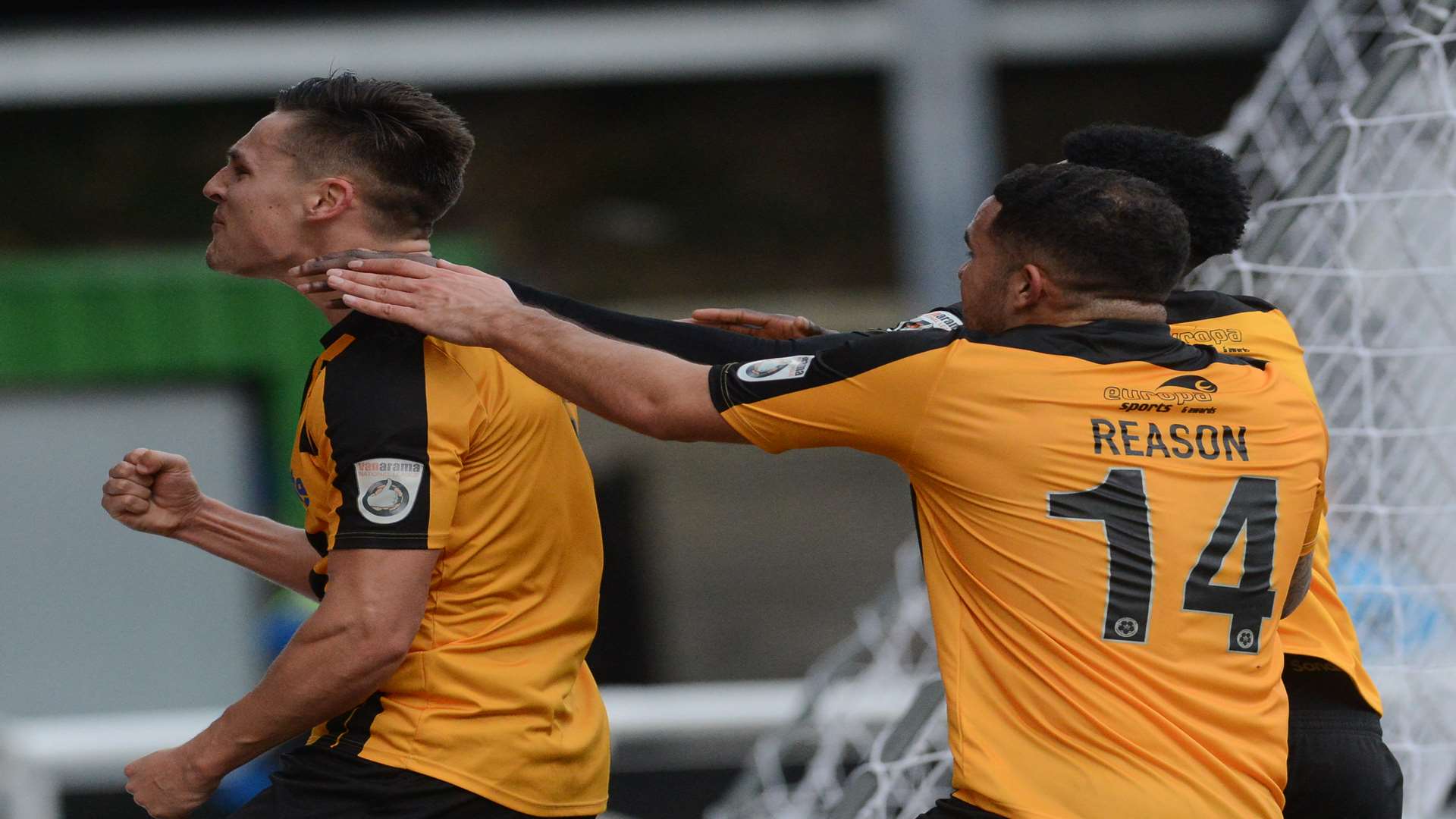 Josh Hare celebrates his winning goal for Maidstone Picture: Gary Browne