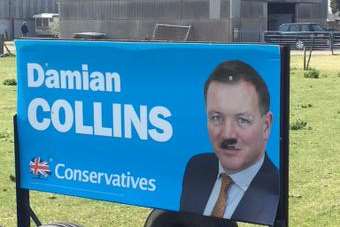 The vandalism of Conservative Damian Collins's poster with a Hitler moustache.