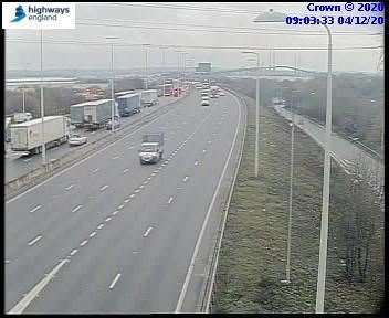 Queues approaching the Dartford Crossing due to a large pothole requiring emergency repairs near Dartford