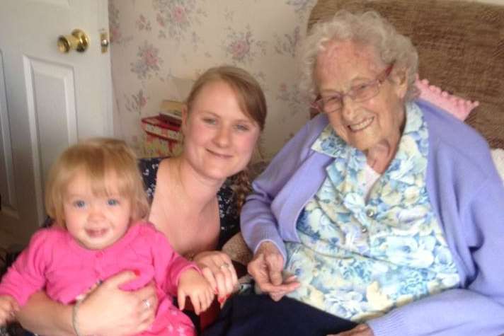 Kathleen a week before she passed away, with one of her great-granddaughters Amanda Clayson and great-great-granddaughter Millie