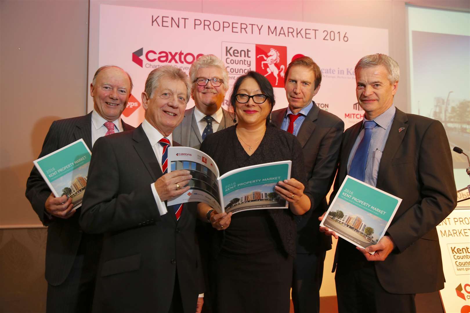 Launching the Kent Property Market Report, from left, Locate in Kent chairman David Fitzsimmons, Caxtons chairman Ron Roser, Kent County Council's Cllr Mark Dance, guest speaker Liz Hamson of Property Week and Mark Coxon and David Gurton of Caxtons