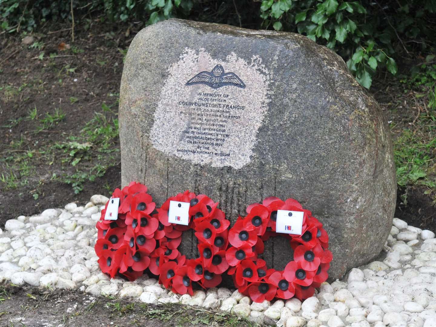 The newly unveiled memorial stone to Pilot officer Colin Francis
