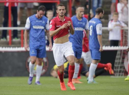 Jack Powell has just scored with a free-kick to put Ebbsfleet 2-0 up Picture: Martin Apps