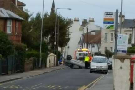 A car has flipped onto its roof. Pic: Steven Smallwood-Hurn