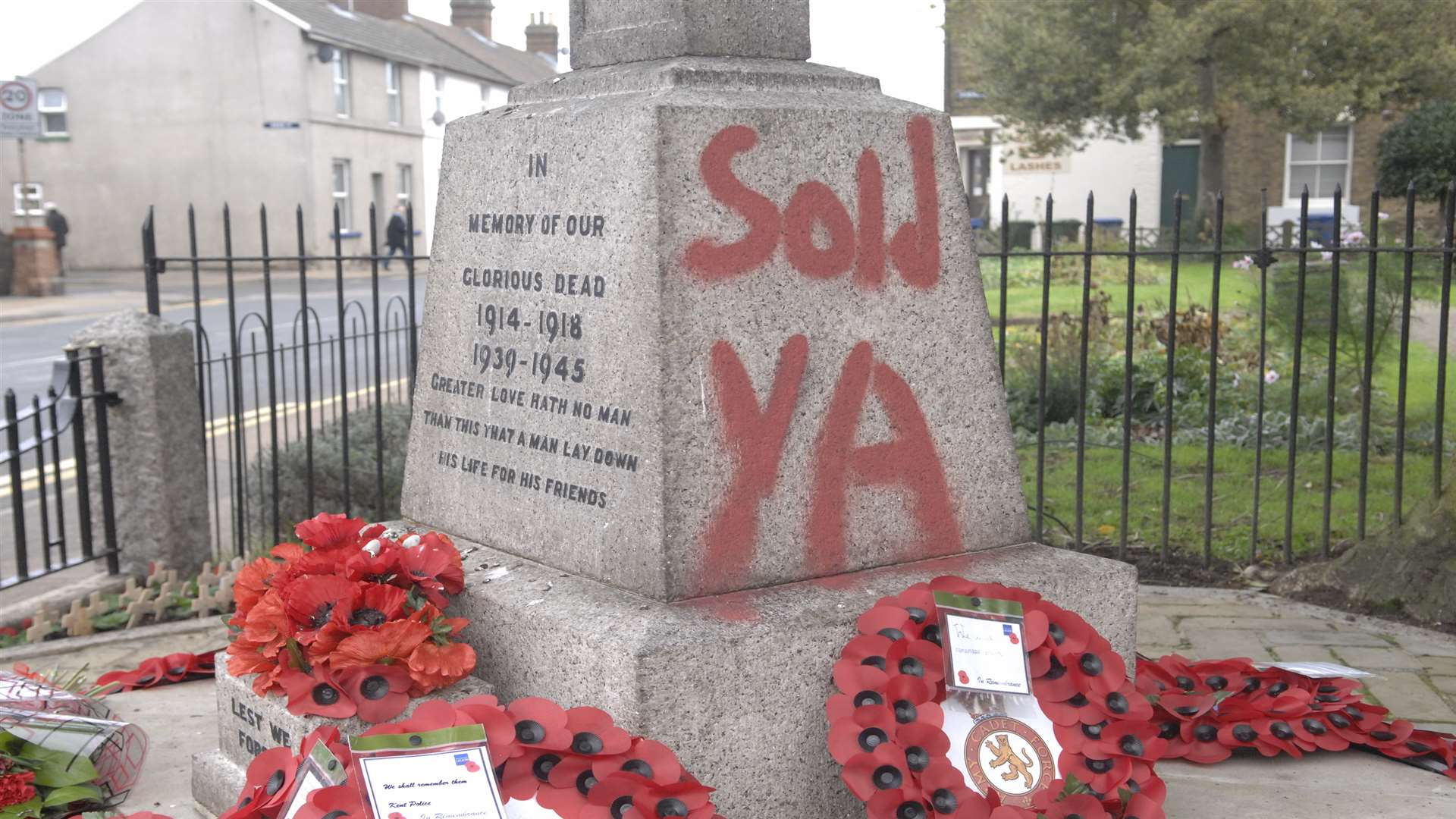 Graffiti on the Faversham War Memorial in Stone Street