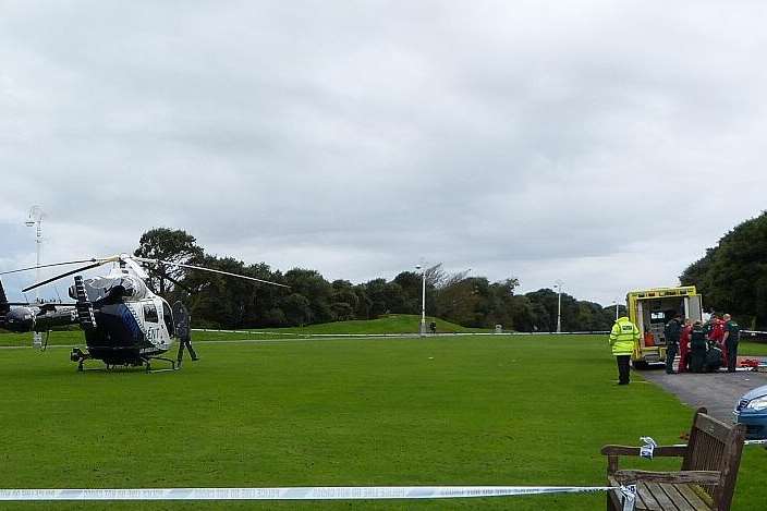 Air ambulance lands close to where a man was found badly injured in Folkestone. Picture: Kent_999s