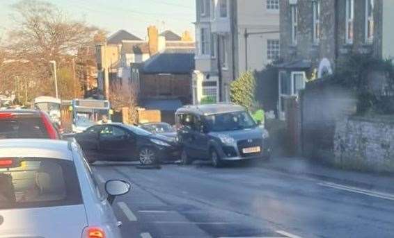 Pictures of the incident show a car which looks to have collided with a parked vehicle. Picture: Paul Kidman