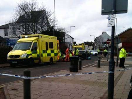 A pedestrian was injured after being struck by a car in Perry Street, Northfleet.