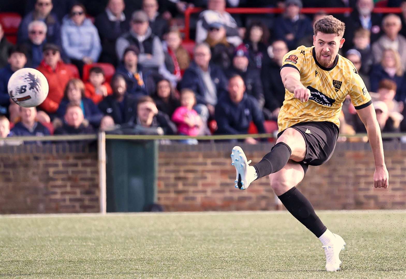 Maidstone midfielder Sam Bone goes for goal on his return from injury. Picture: Helen Cooper