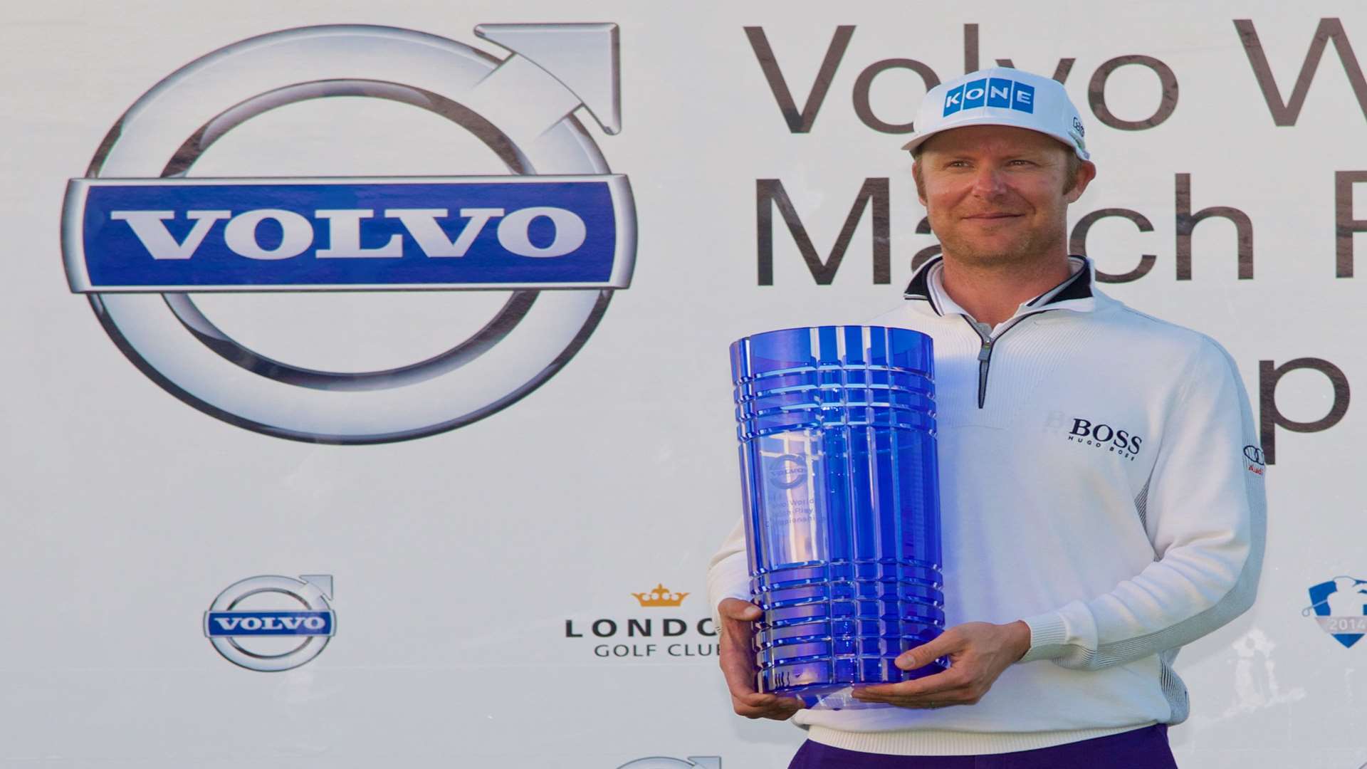 Mikko Ilonen with the Volvo World Match Play trophy Picture: Volvo in Golf