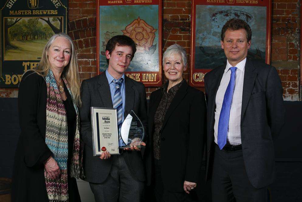 The Medway Messenger's Dan Bloom, second left, receives his Kent Journalist of the Year award at last year's ceremony, with, from left, former winner Christine Finn, presenter Barbara Sturgeon and chief executive Jonathan Neame