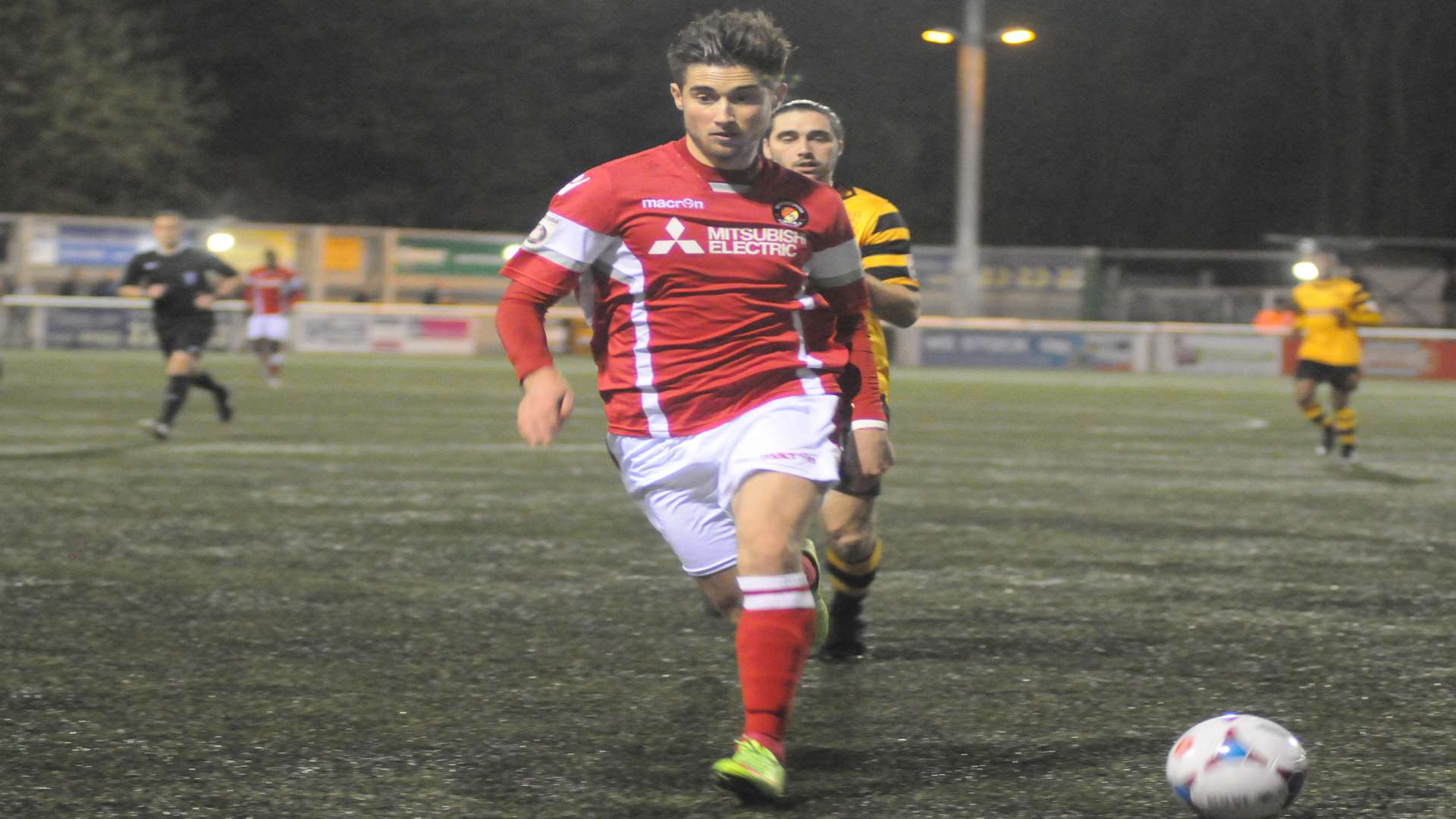 Sean Shields on the ball for Ebbsfleet at Maidstone in the Kent Senior Cup Picture: Steve Crispe