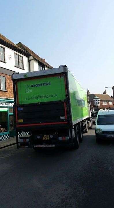 A Co-op articulated lorry venturing the wrong way up the one-way system.