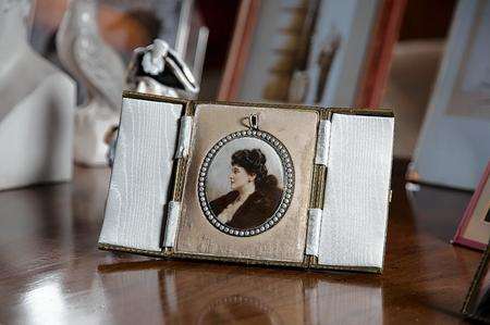 Miniature of Lady Churchill, Winston's mother, set with pearls at the In the Blood exhibition at Churchill's former home, Chartwell