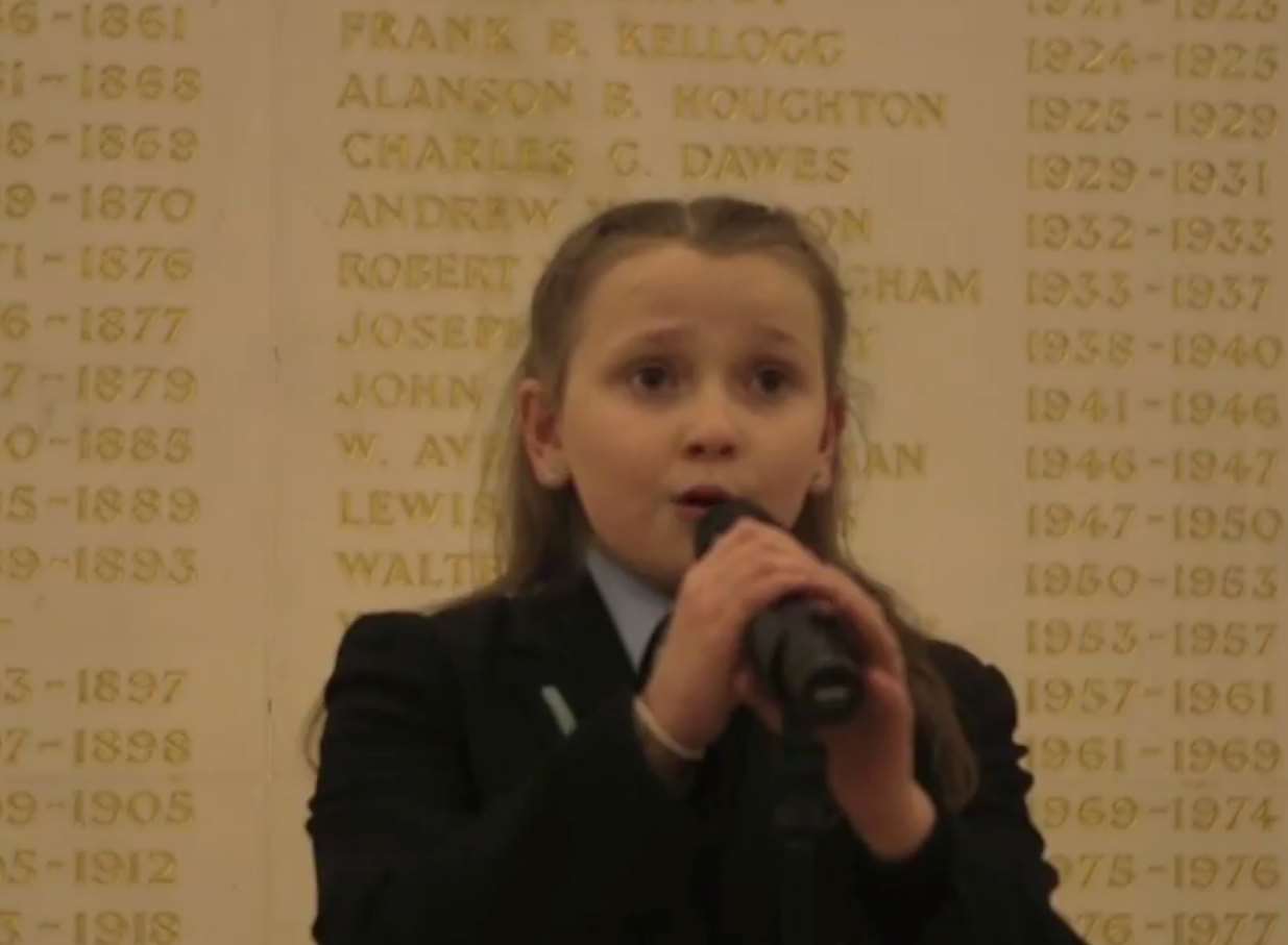 Freya Bakker of St John's School in Gravesend sings the Star Spangled Banner at the US Embassy