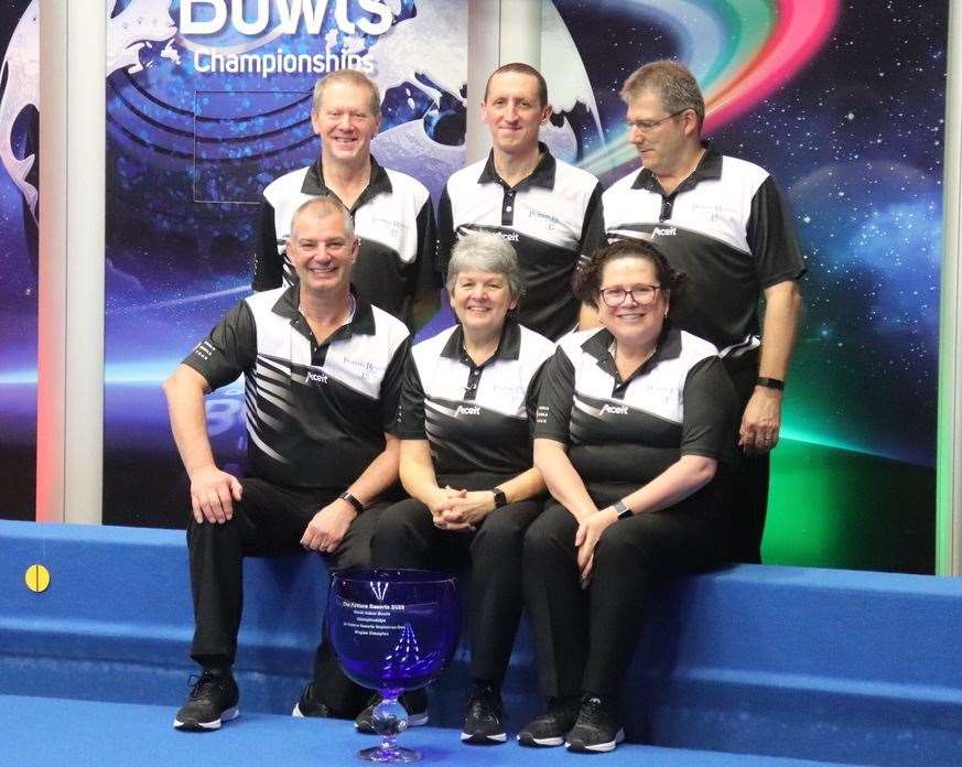 The officials look the part with the Open Championship Trophy. Back row, from left to right, Francis Fletcher, Neill Brice and Allan Thornhill. Front row, left to right, Malcolm Ramage, Canterbury's Sue Mates and Bernie Hill. Picture supplied by Sue Mates