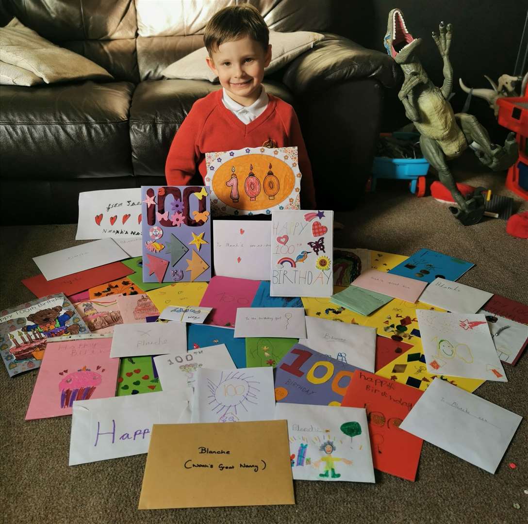 Noah, Blanche's great-grandson, with birthday cards from Saint Georges Church of England primary school