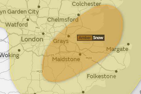 The area affected by the amber warning: Image courtesy the Met Office