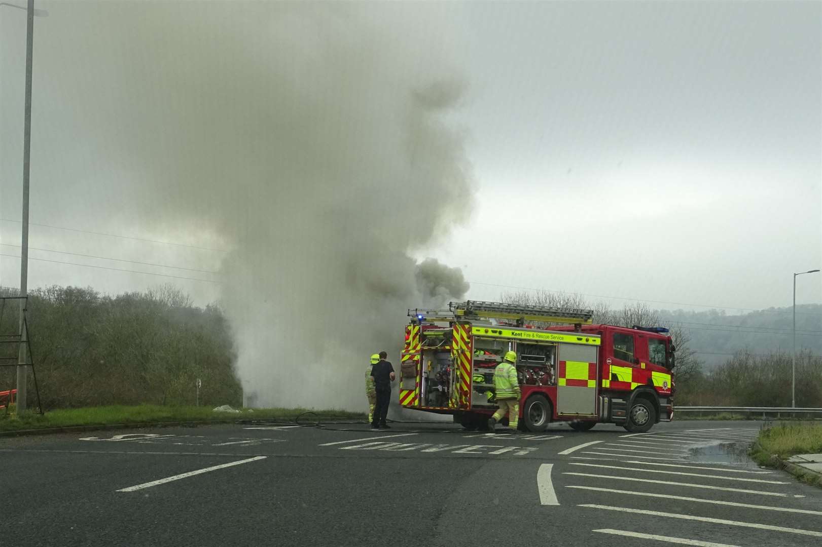 Smoke rises from a car on fire at Junction 7 of the M20. Picture: Sylvia Herbert (25349495)