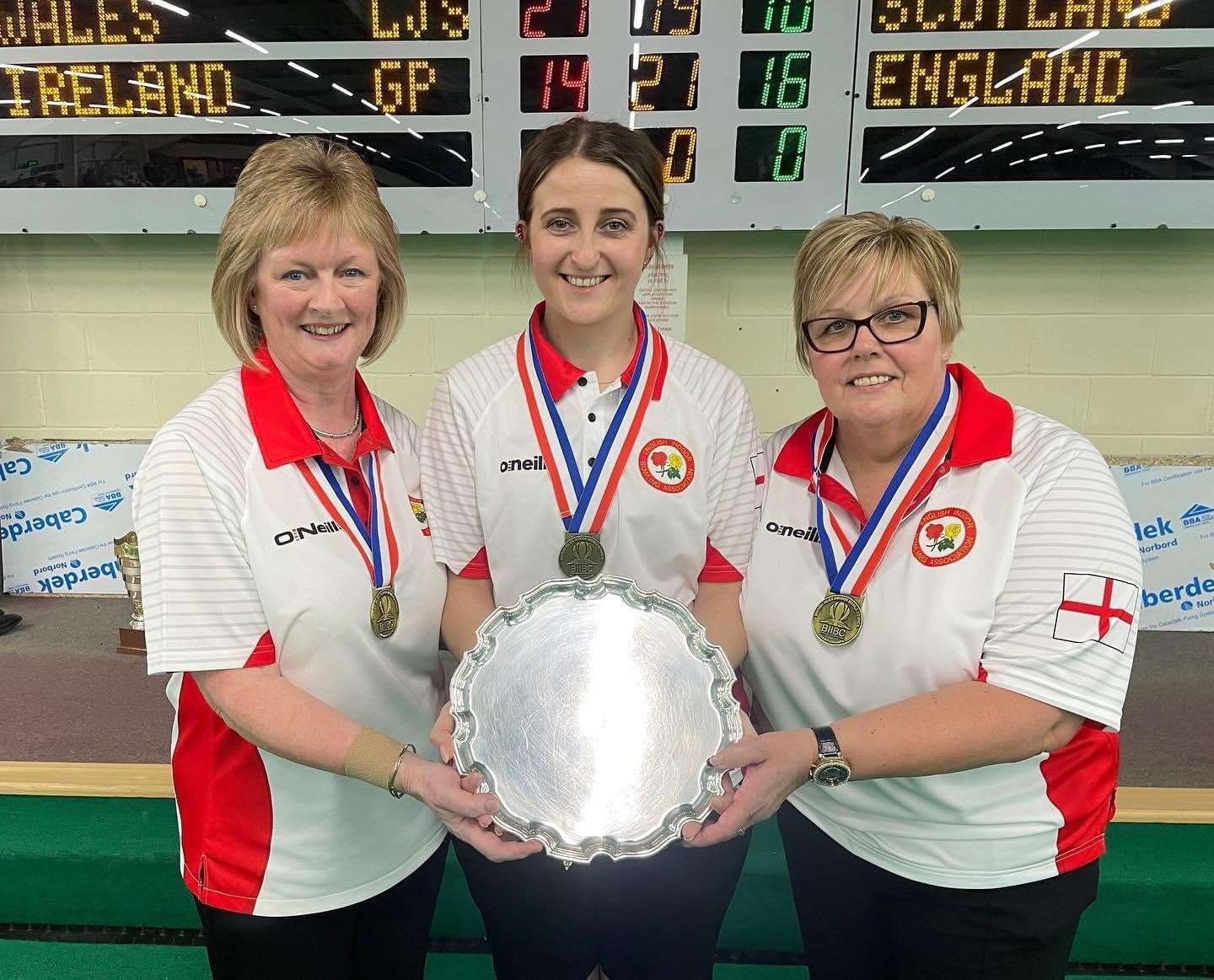 Sandy Hazell, Paige Dennis and Wendy King, British Isles triples winners.