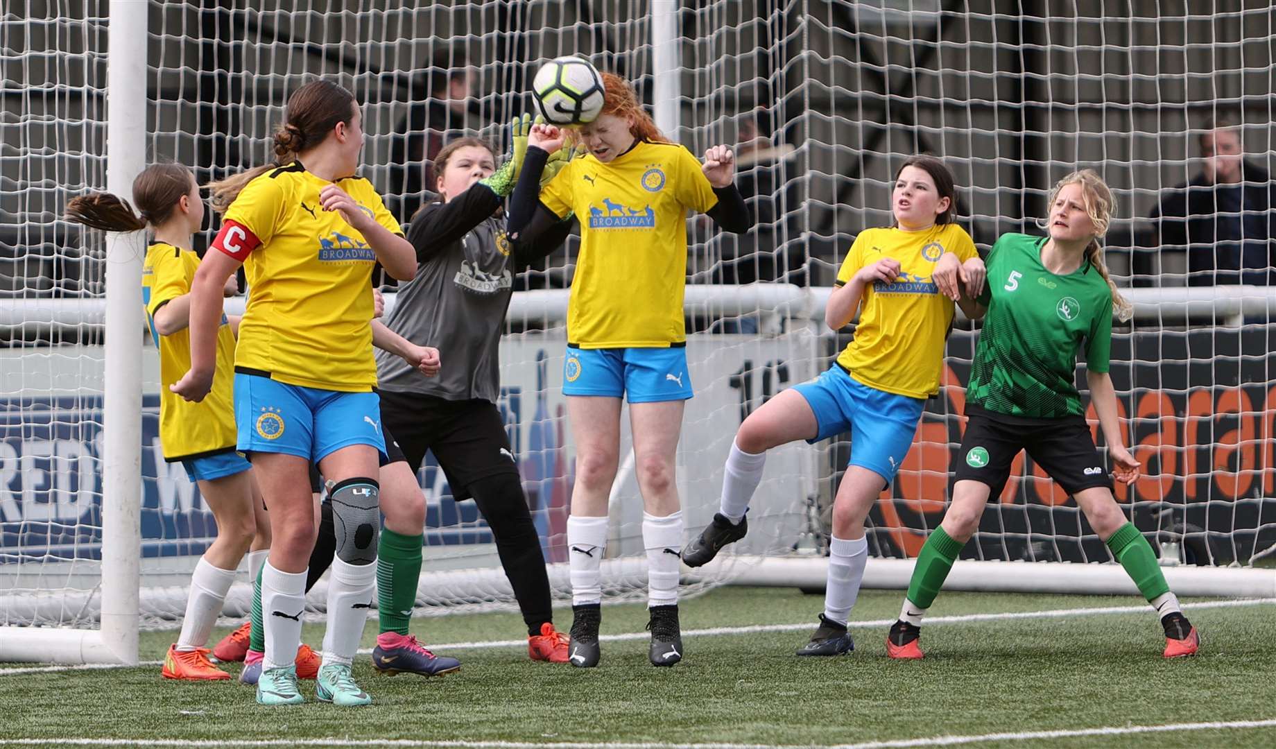 Goalmouth action from the Kent Merit Under-13 Girls Cup Final at Maidstone’s Gallagher Stadium on Sunday. Picture: PSP Images
